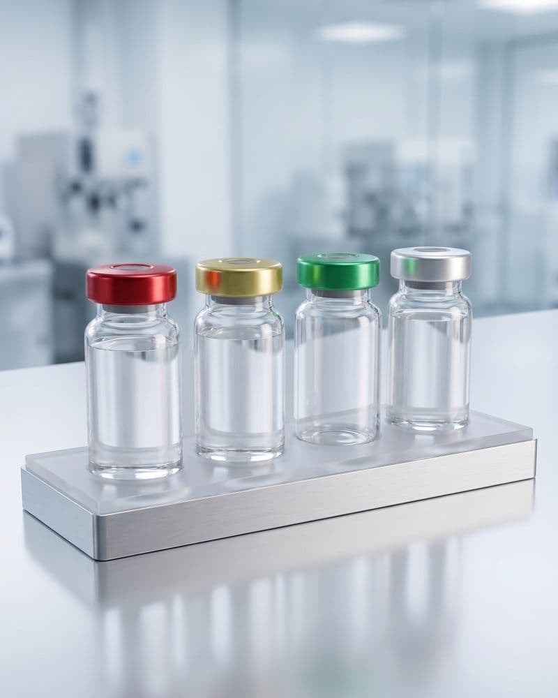 Four immunotherapy vials with red, gold, green and silver caps on a lab bench